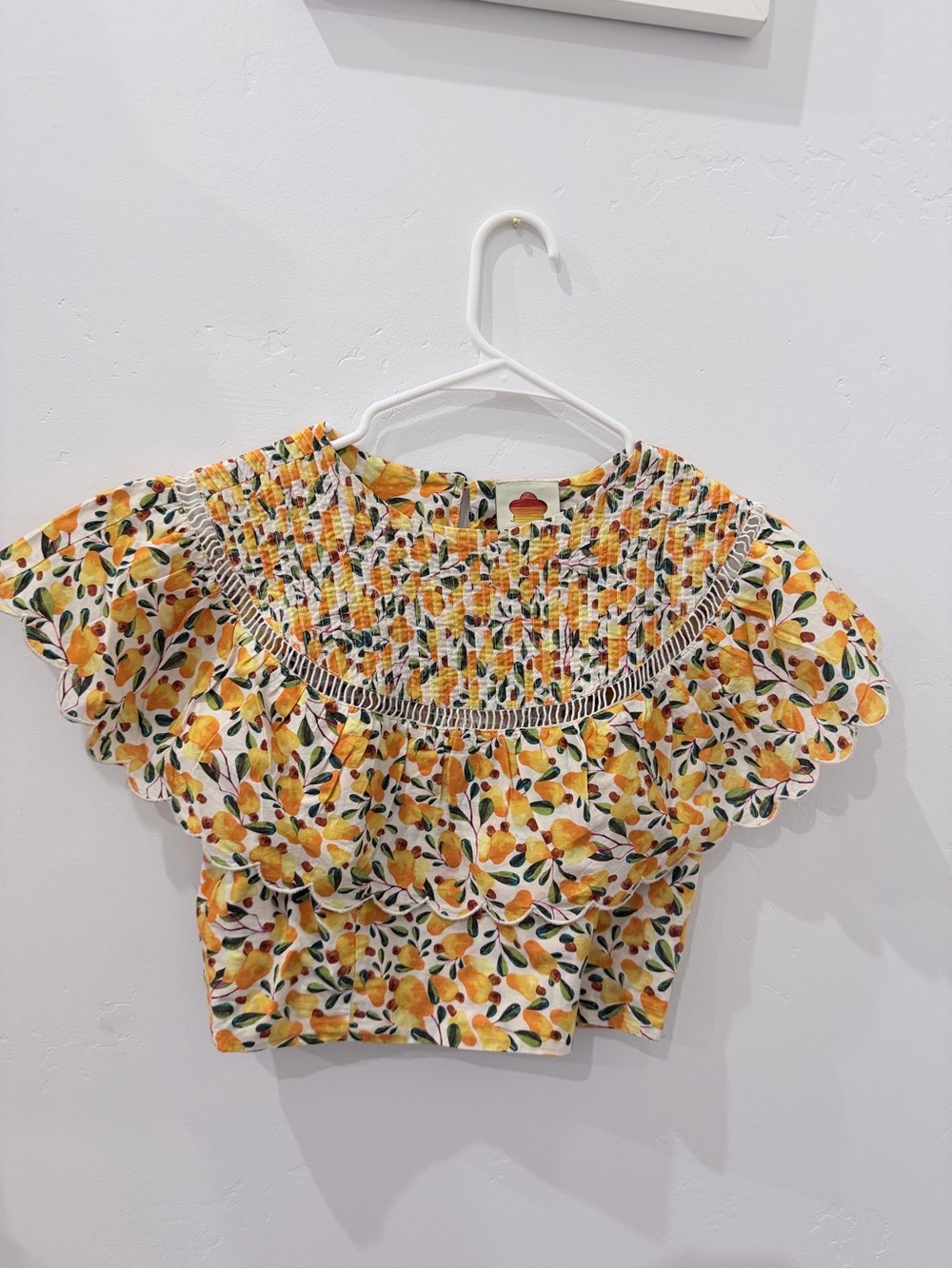 Farm Rio Yellow Lemon Print Smocked Crop Ruffle Top
